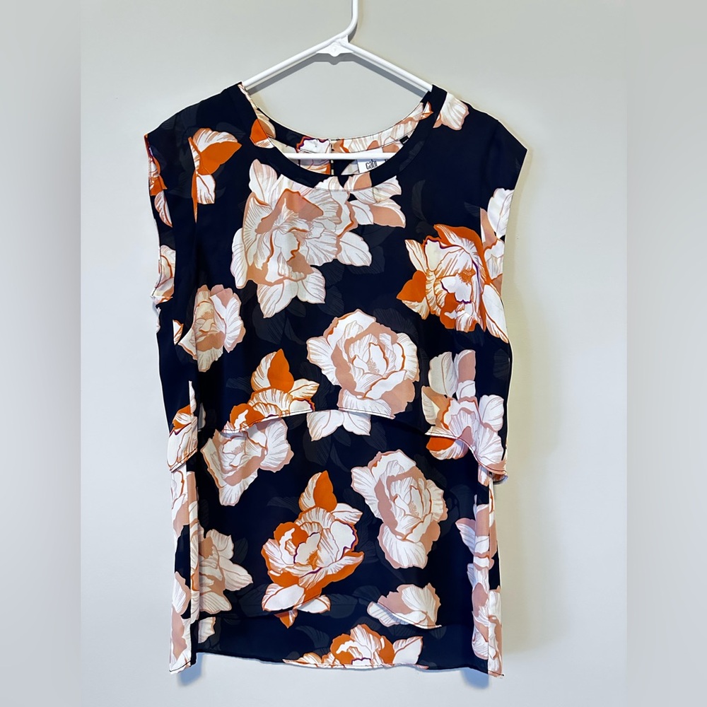 CAbi Navy and Orange Floral Blouse